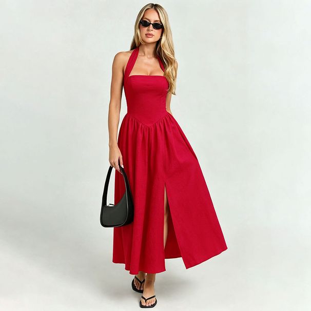 Voya French-style Vintage Halter-neck Tie Women, Backless, Waist-cinching, With Large Hem And Slit, Red, Suitable For A_ecoleips.com