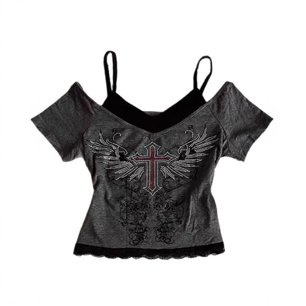 Women's Slim Fit Short Sleeve T-Shirt Geometric Pattern Rhinestone Faux Two Piece Summer Fashion Top Dark Color European American Style_ecoleips.com