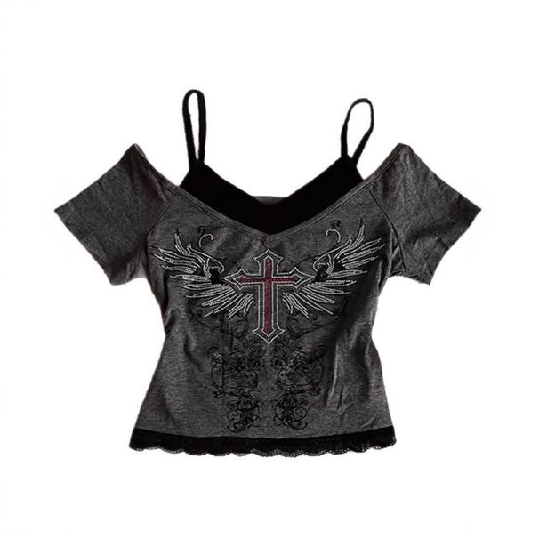 Women's Slim Fit Short Sleeve T-Shirt Geometric Pattern Rhinestone Faux Two Piece Summer Fashion Top Dark Color European American Style_ecoleips.com
