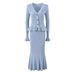 Elegant Long V Neck Fishtail Dress Black Style Knit Plus Size Autumn Winter French Dress For Women_ecoleips.com