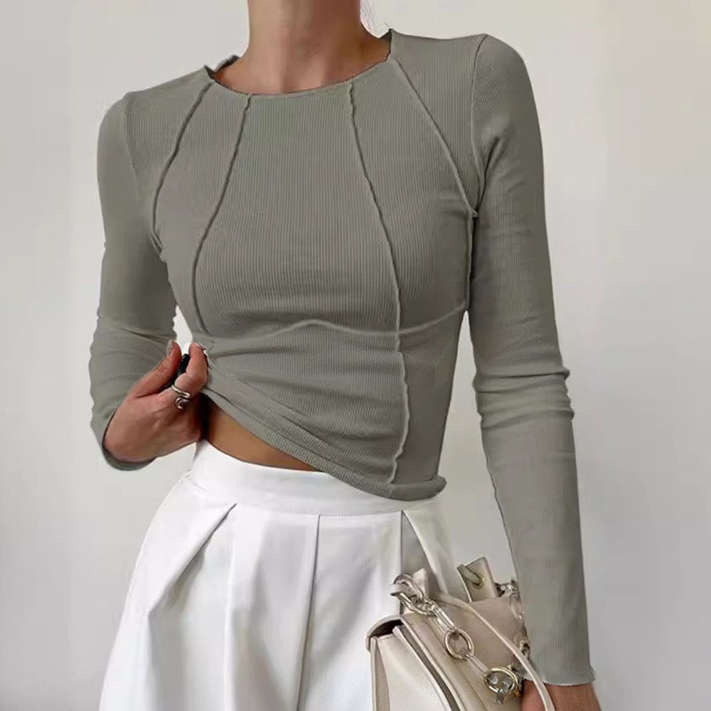 Solid Color Segmented Chest Long Sleeve Round Neck T-Shirt Top For Women_ecoleips.com