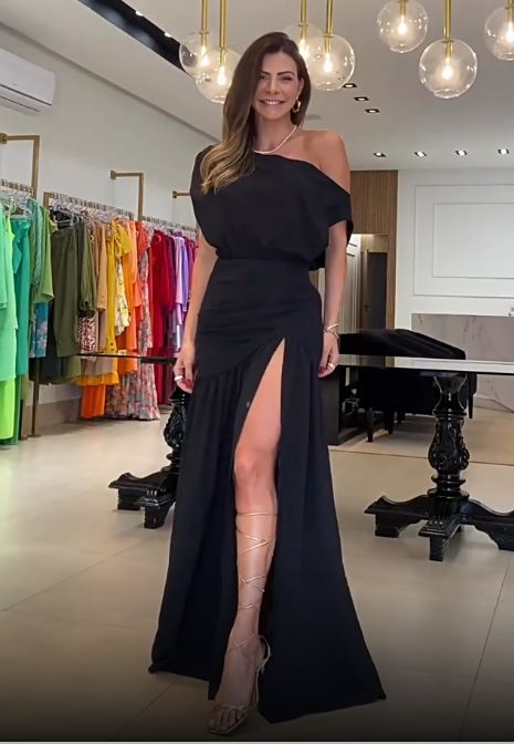 Women's fashion sexy slant collar, shoulder, waist, slits and floor holiday style solid color dress_ecoleips.com