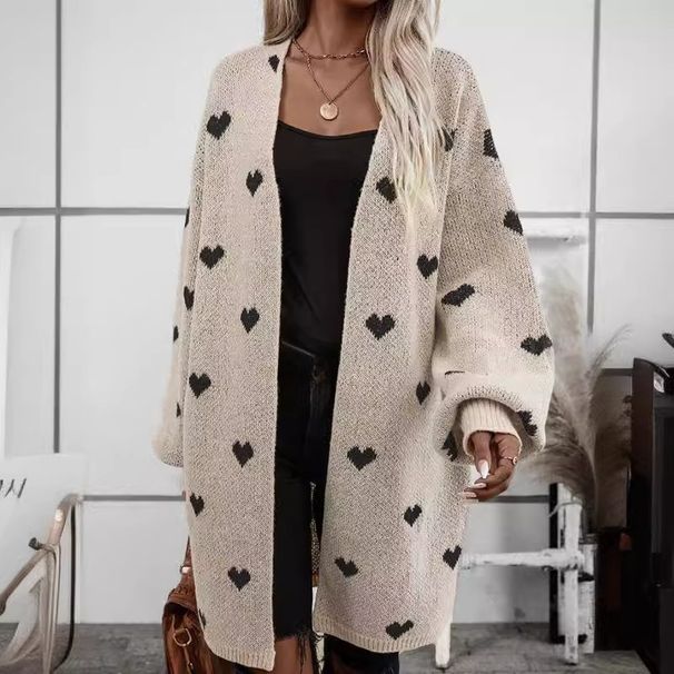 Long Sleeve Love Heart Jacquard Knit Cardigan – Oversized V-Neck Open Front Sweater In Beige | Boho Chic & Casual (S-XL)_ecoleips.com