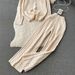Women's Clothing Elegant Cable Knit Sweater & Pants Set Loose Fit Crewneck Pullover With Slimming Trousers - Soft Viscose Blend - Beige (S/M/L)_ecoleips.com