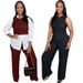 Women's Sleeveless Round Neck Solid Color Top & Long Pants Set - Breathable Polyester Spandex Blend - Casual Office Wear - Black/Maroon (S-XXL)_ecoleips.com