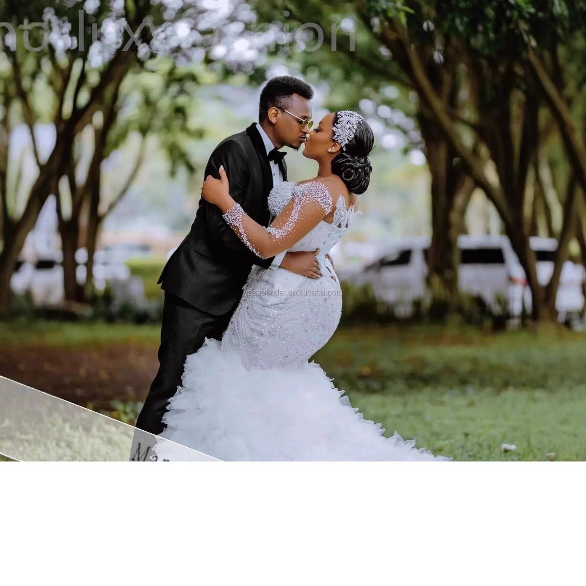 New Style Wedding Dress Mermaid Lace Long Sleeved Deep V Neck Bridal Gown For Women_ecoleips.com