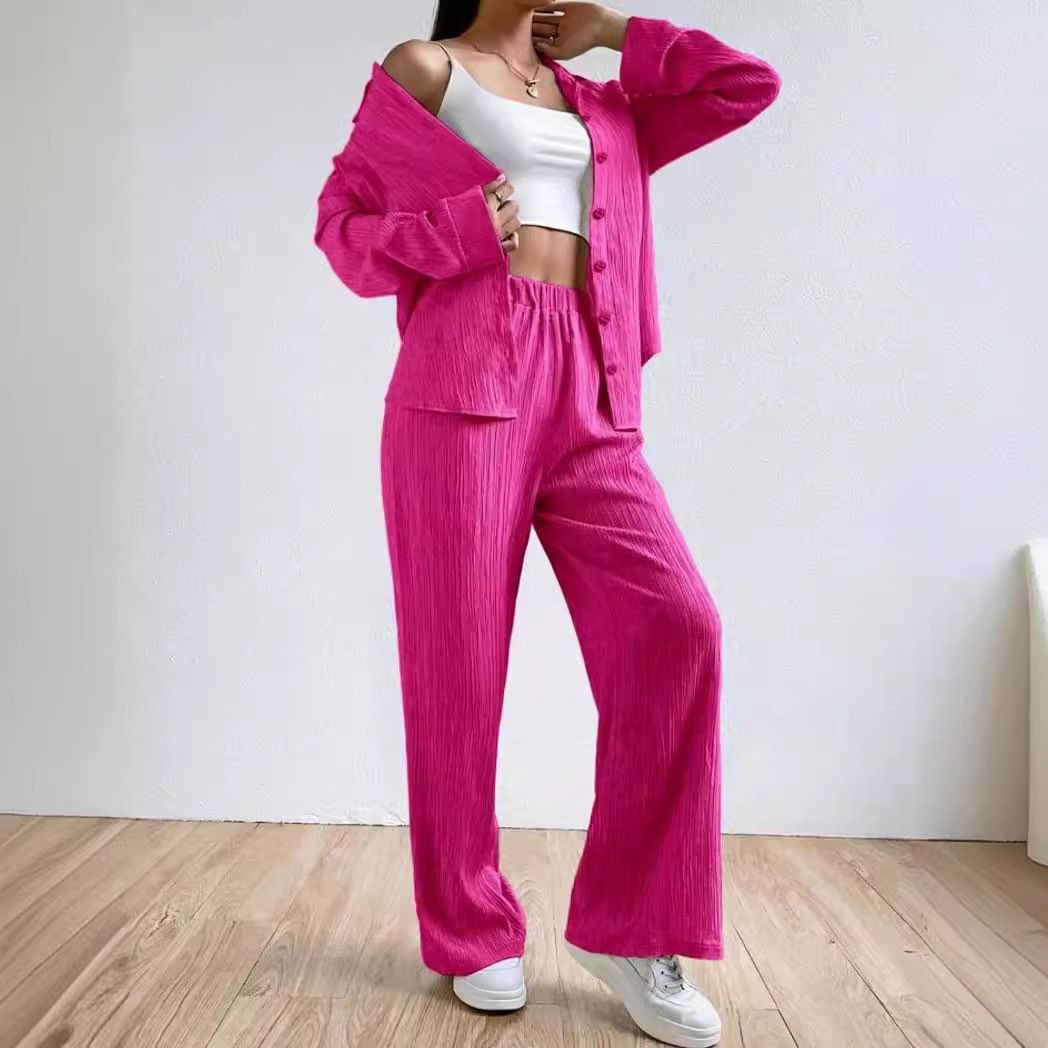 Women's Clothing Simple Solid Color Shirt Wide Leg Trousers Casual Suit_ecoleips.com