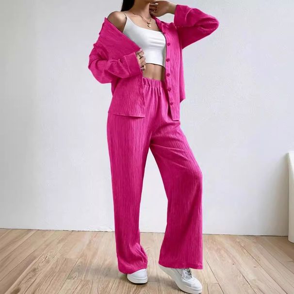 Women's Clothing Simple Solid Color Shirt Wide Leg Trousers Casual Suit_ecoleips.com