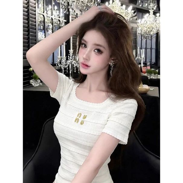 French-style Pure Desire Square-neck Short-sleeve Knitted For Women, 2026 New Model With Textured Stripes And Letter_ecoleips.com