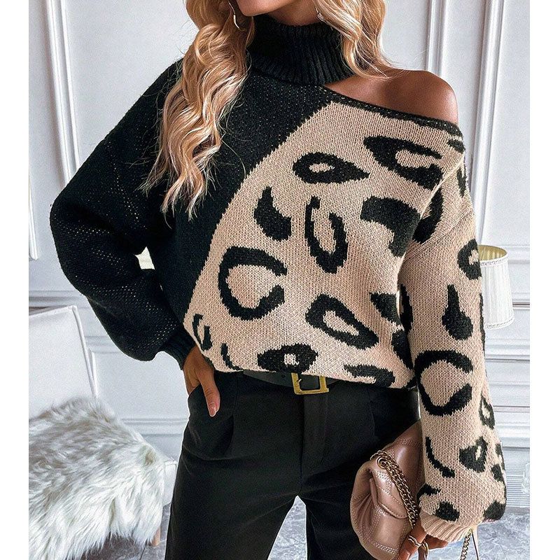 Women's Sexy Off-Shoulder Leopard Print High Neck Knit Sweater - Fall/Winter Fashion Pullover With Patchwork Design_ecoleips.com