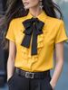 Women's Solid Color Lace-Up Bow Ruffle Short Sleeve Shirt Regular Fit Elegant Fashion Blouse for Spring/Summer_ecoleips.com