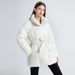 Women's Clothing Warm Stand Collar Belt Cotton Jacket Winter Padded Jacket With Detachable Hood, Warm Quilted Coat For Streetwear & Casual Outfits_ecoleips.com