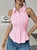 Korean Style Women's Minimalist Striped Sleeveless Shirt Vest Casual Fashion Professional Collared Tie Waist Top_ecoleips.com