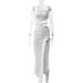 Popular Slanted-Shoulder Strapless Dress With Lace-Cutout Design And Slit_ecoleips.com