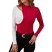 2026 Elegant Color-Block Stand-Up Collar T-Shirt, Slim-Fit Long-Sleeve Top For Women, Stylish Commuting Design_ecoleips.com