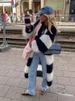 K New Lazy Style Sweater Long Coat With Contrasting Stripes_ecoleips.com