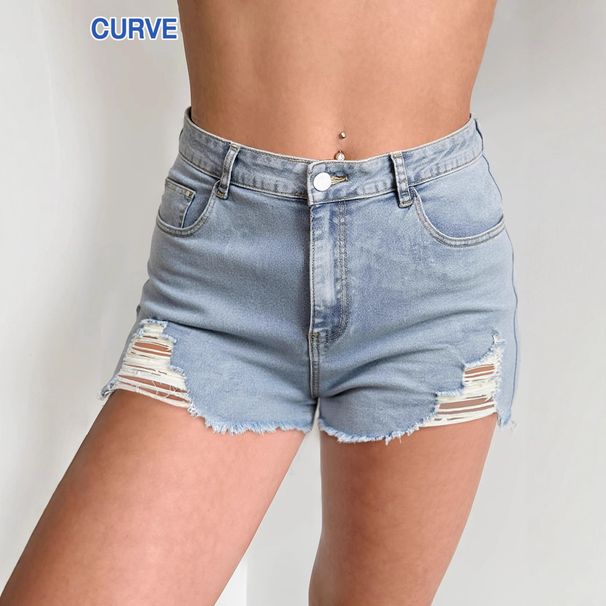 Plus Size Distressed Denim Shorts For Women - High Stretch Ripped Casual Hot Pants With Hollow-Out Design (Light Blue, 0XL-3XL)_ecoleips.com
