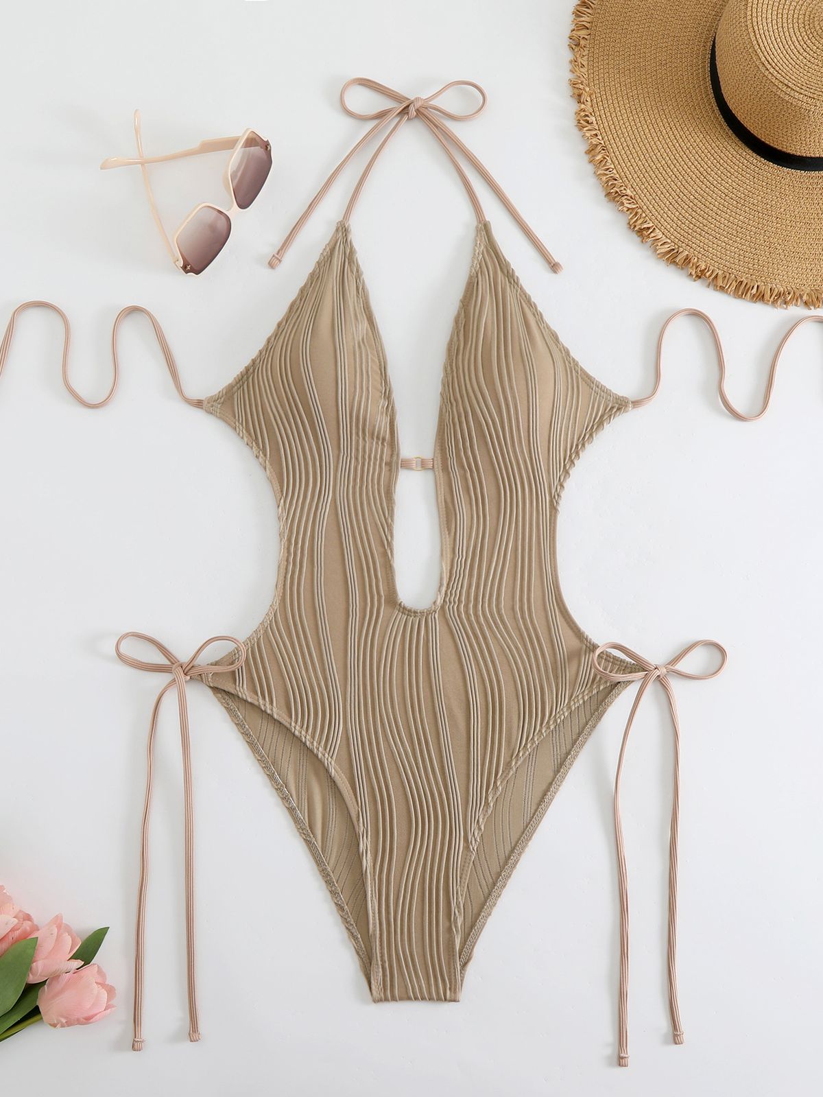 Women's Clothing Swimsuit One Piece Hollow Strap Backless Swimsuit Solid Color Bikini Spot_ecoleips.com