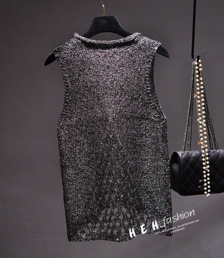 Women's Sequin Mesh Hollow-Out Tank Top – Glittery Sleeveless Shimmer Blouse For Party & Night Out (Khaki Gold/Black Silver, One Size)_ecoleips.com
