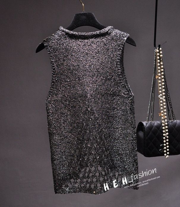 Women's Sequin Mesh Hollow-Out Tank Top – Glittery Sleeveless Shimmer Blouse For Party & Night Out (Khaki Gold/Black Silver, One Size)_ecoleips.com