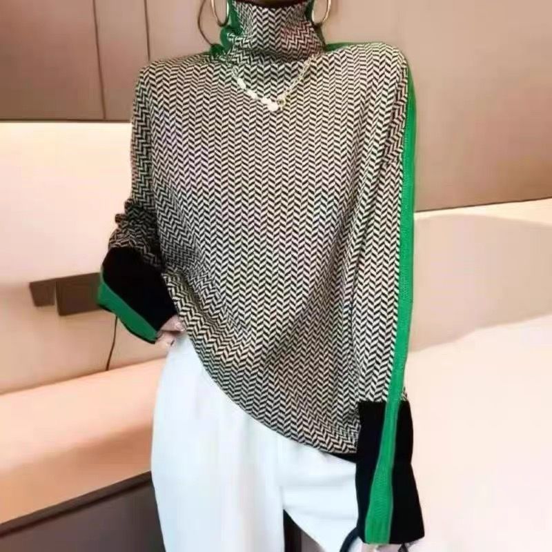 Women's Oversized High Neck Knit Sweater - Soft Acrylic Blend, Color Block Sleeves, Cozy Winter Pullover, Casual Loose Fit, Fashionable 3D Effect_ecoleips.com