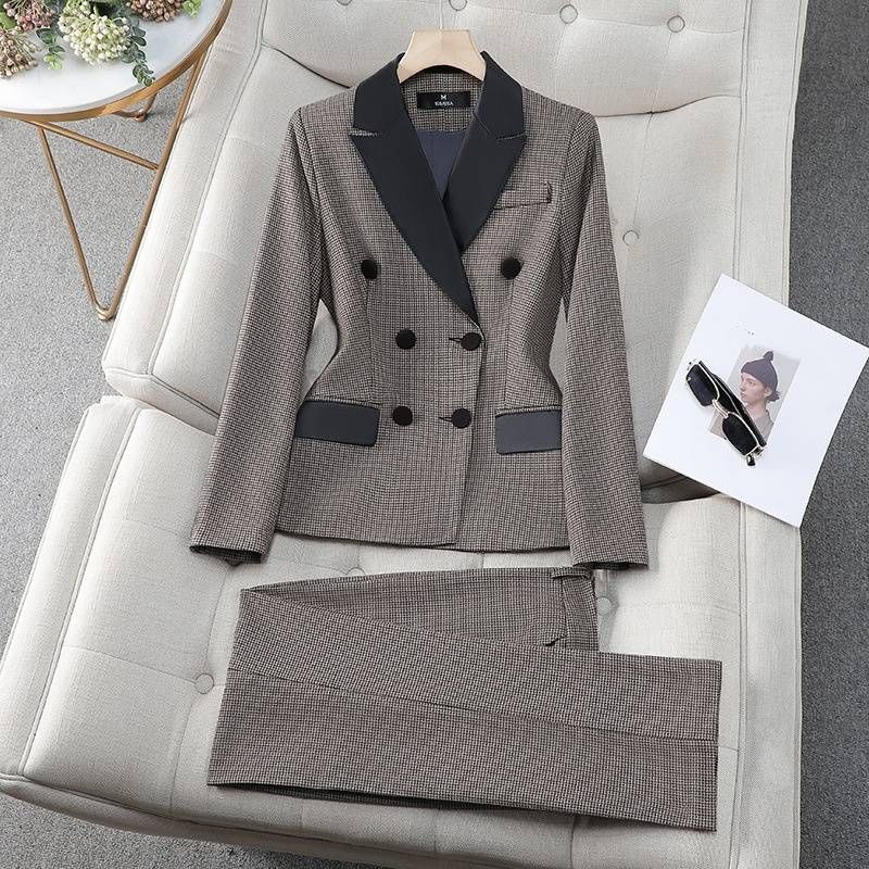 Women's Clothing houndstooth small suit jacket Women's Mid-length slim temperament suit jacket professional suit_ecoleips.com