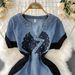 Retro Temperament Contrast Color Embroidery V Neck Denim Dress For Women Summer New Style Waist Slimming Slit Hip Long Skirt_ecoleips.com
