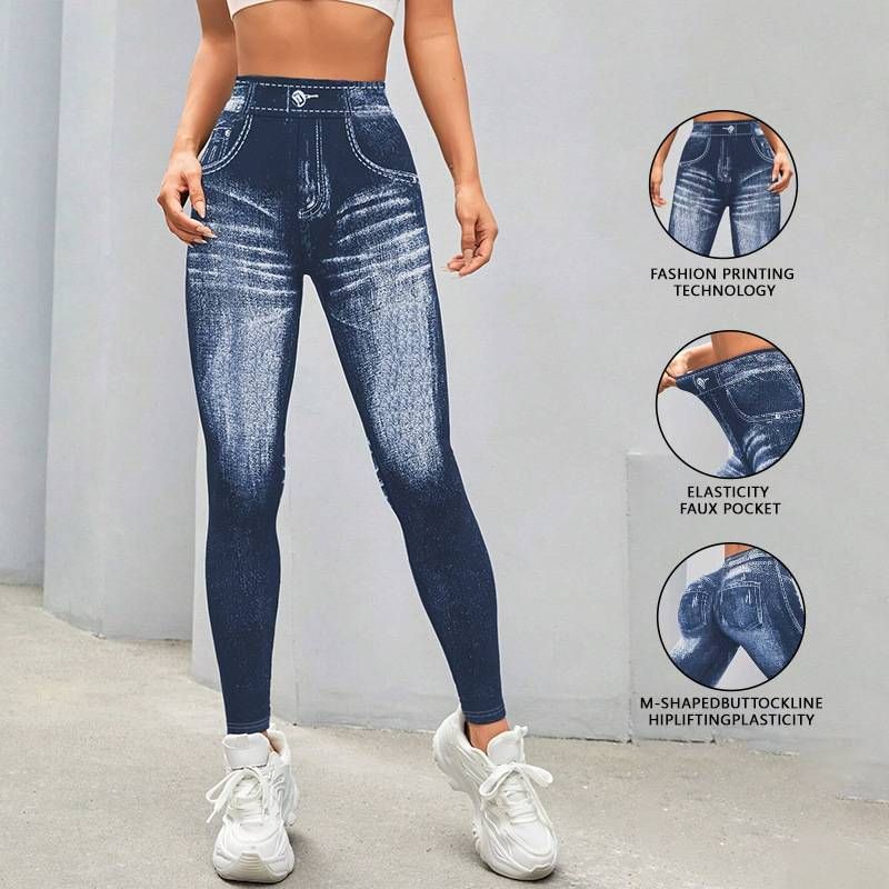 Women's Clothing Popular Imitation Denim High Elastic Yoga Pants Waist Hip Lifting Quick Drying Tight Running Sports Fitness Trousers_ecoleips.com