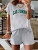 Summer New Letter Pattern T-shirt, Casual Printed Round Neck Short Sleeved Top With Elastic Waist Pocket, Women's Two-piece Set-286_ecoleips.com