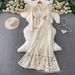 Luxury Embellished Lace Blouse & Mermaid Skirt Set – Elegant V-Neck & Tailored Waist | Blue & Beige | M-4xl_ecoleips.com
