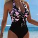 Black V Neck Slimming One Piece Swimsuit Floral Print 2026 Women's Clothing Swimwear_ecoleips.com