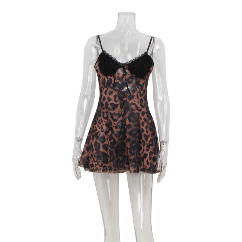 Sexy Leopard Print Halter Top Women's Low Cut Lace Patchwork High Waisted A-Line Slim Fit Dress Style_ecoleips.com