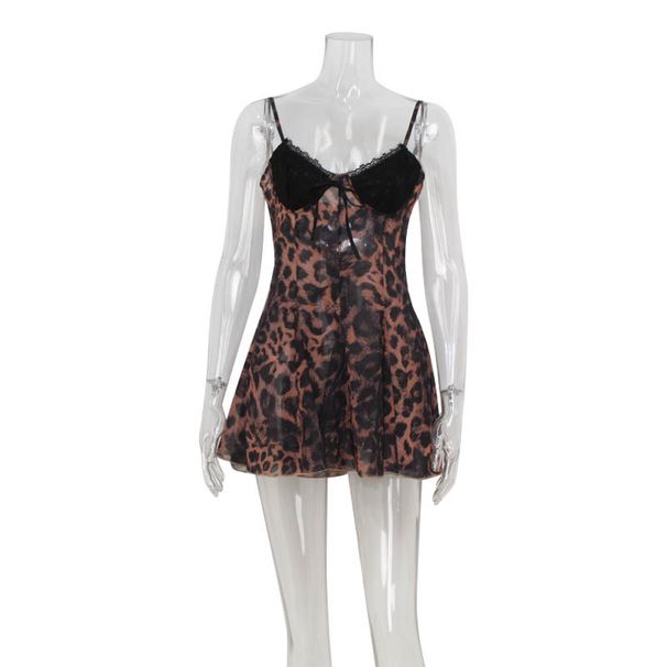 Sexy Leopard Print Halter Top Women's Low Cut Lace Patchwork High Waisted A-Line Slim Fit Dress Style_ecoleips.com