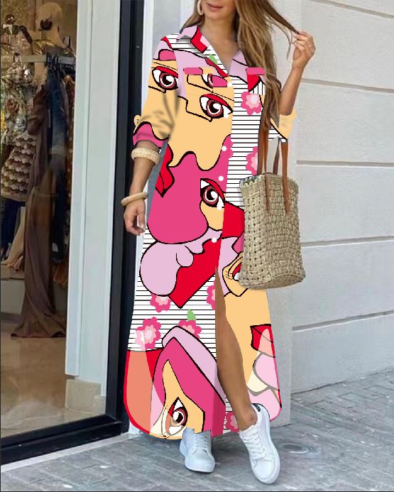 2026 Women Long Sleeve Printed Shirt Dress, Positioning Floral Casual Long Dress_ecoleips.com