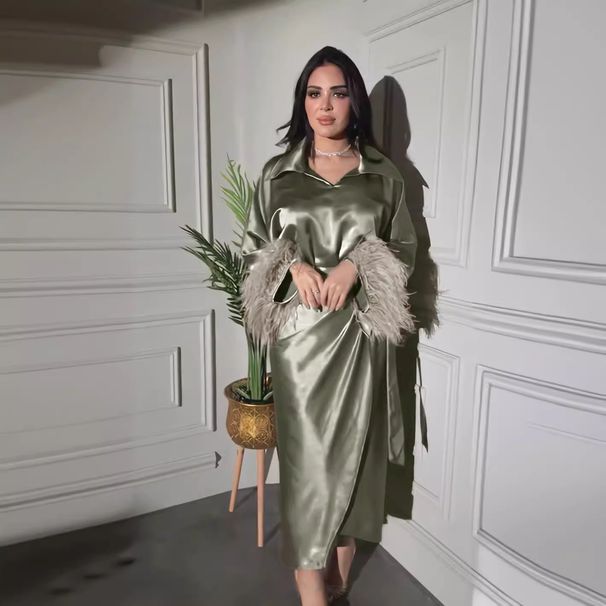 2025 Saudi Muslim Feather Daily Two-Piece Set Dress Ethnic Costume For Women_ecoleips.com