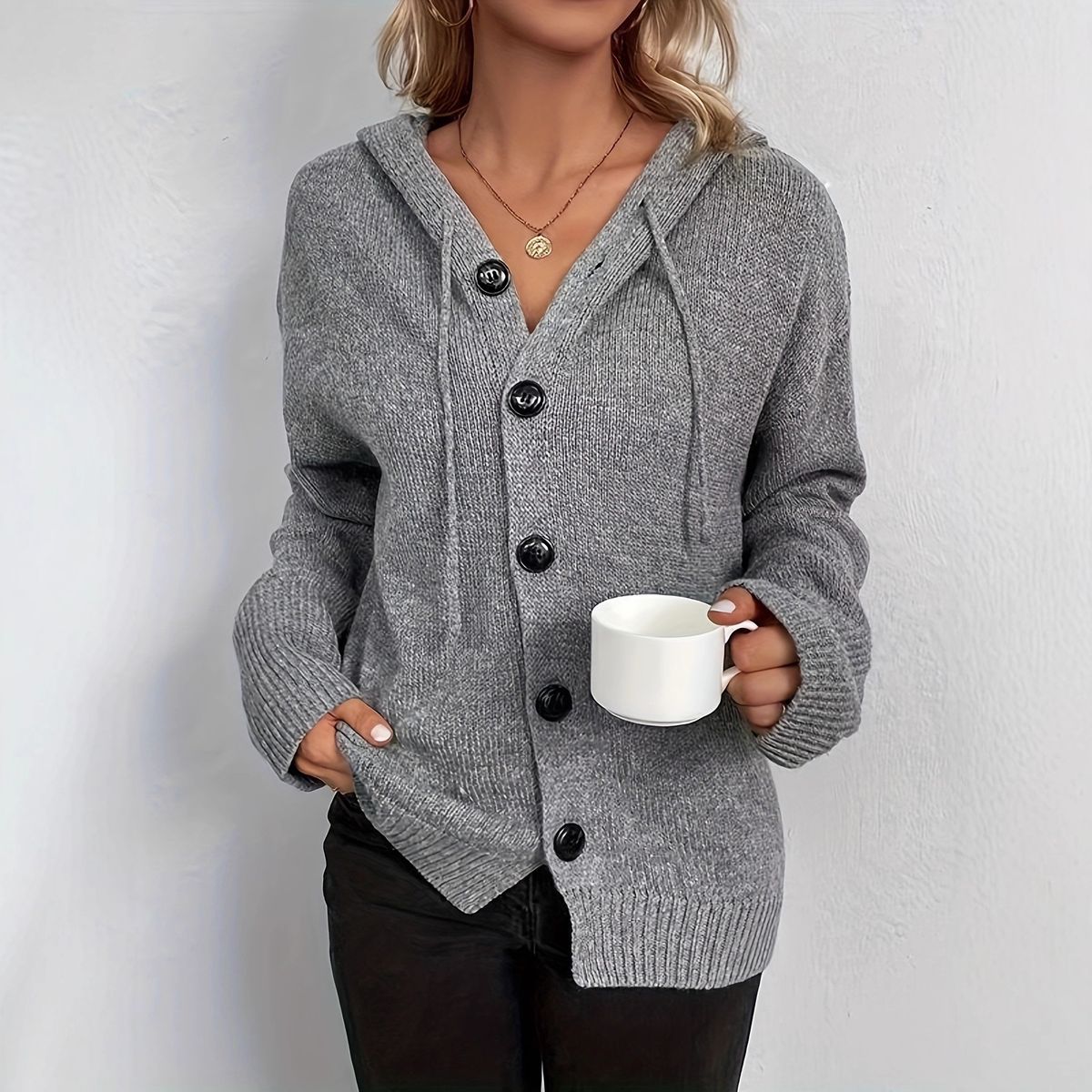 2025 European American Cross-border Women's Fashion Solid Color Hooded Single-breasted Sweater, New Autumn And Winter_ecoleips.com