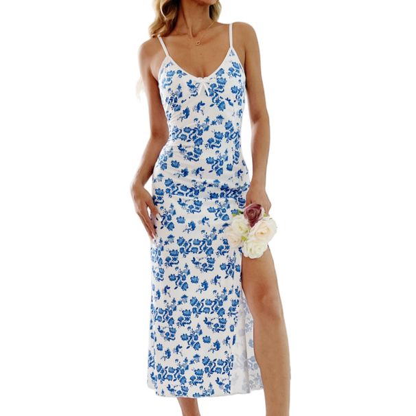 Aria Basics Aria Basics Cross-border Summer New Floral Print Slit Long Dress, European American Camisole Nightgown, Casual And Relaxed Style_ecoleips.com