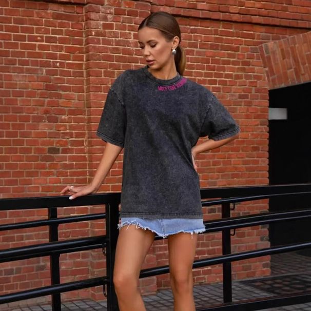 American Retro Washed Black Summer New Pure Cotton Short Sleeve T-Shirt Niche Print Loose Versatile Top Trendy_ecoleips.com