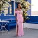 Women's Off-Shoulder Dress Solid Color Side Slit Waist Cinching Pleated Fit Elegant Mesh Patchwork With Metallic Embellishing_ecoleips.com