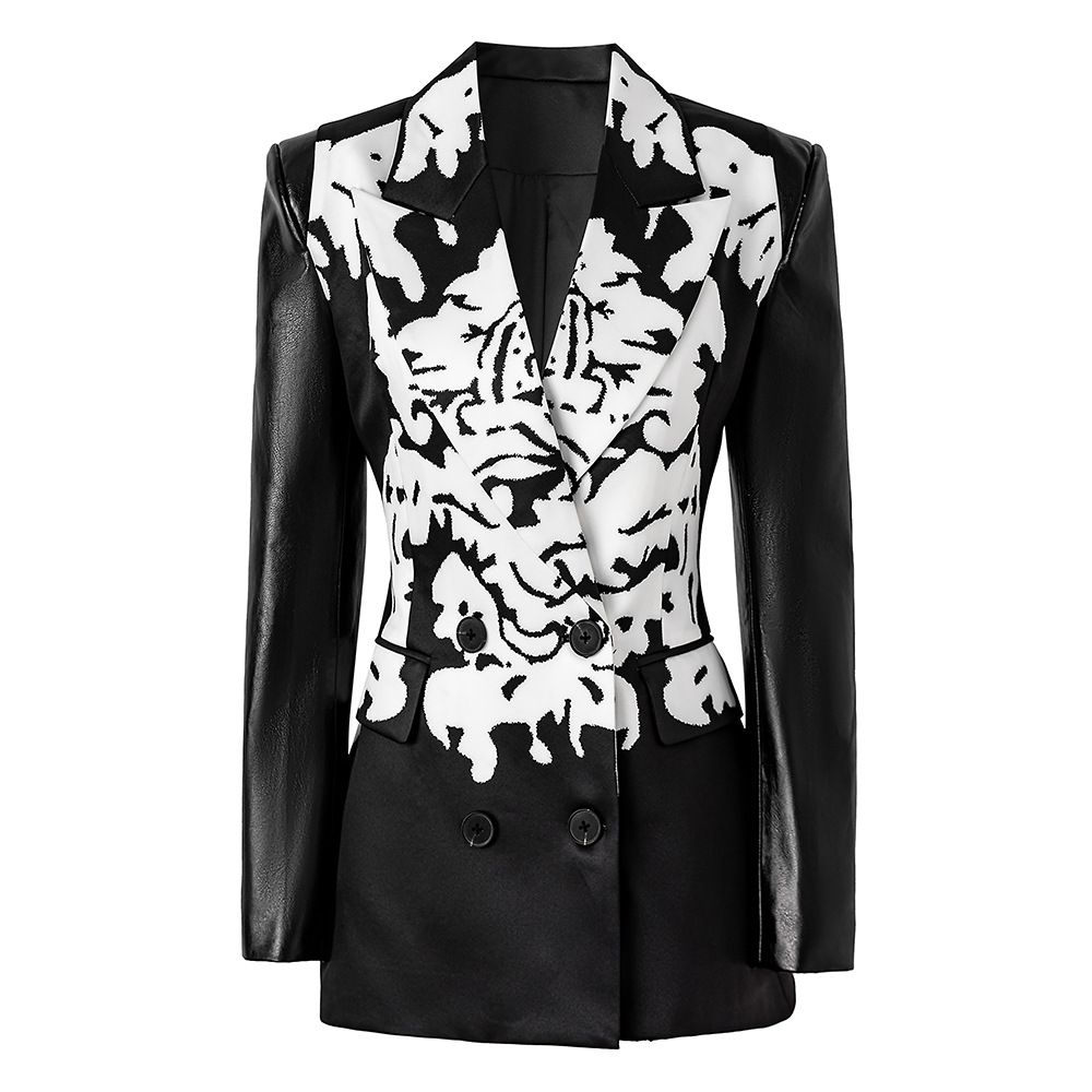 Women's Clothing Spring New Design Pu Leather Sleeves Stitching Print Slim Waist Small Suit Jacket Cross Border_ecoleips.com