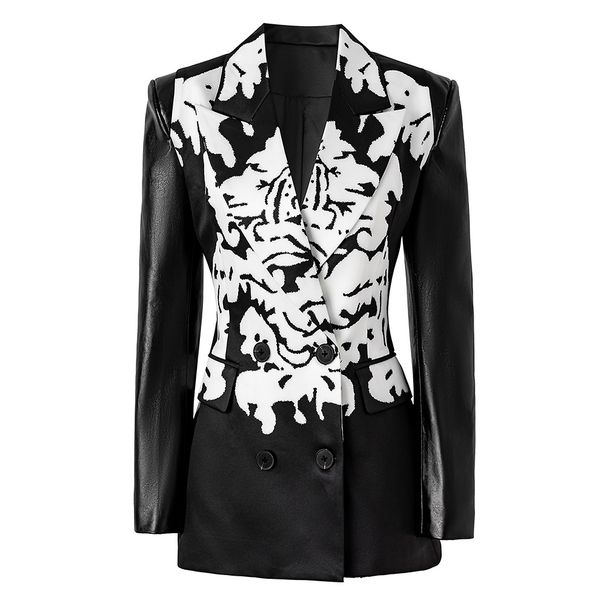 Women's Clothing Spring New Design Pu Leather Sleeves Stitching Print Slim Waist Small Suit Jacket Cross Border_ecoleips.com