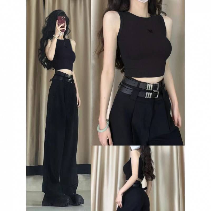 Women's Summer Outfit Set: Sweet Salty High-Waisted Double Belt Suit With Long Pants And Pure Desire Style Embroidered_ecoleips.com