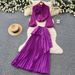 Women's Elegant Two Piece Set with Red Lantern Sleeve Three Dimensional Floral Design Fitted Waist Pleated Skirt for Spring_ecoleips.com