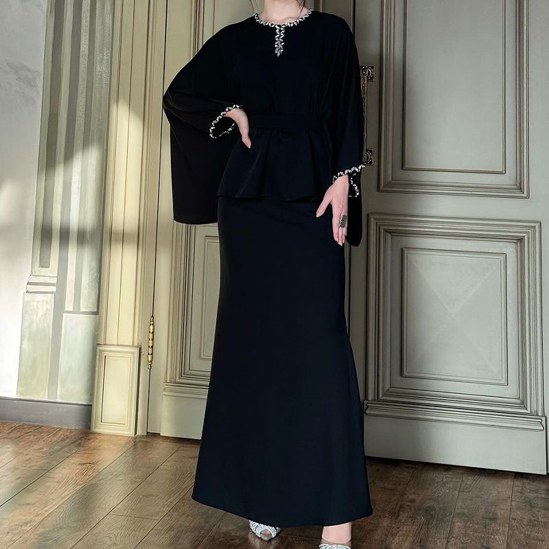 Women's Clothing Autumn New Round Neck Bat Sleeve Waist Slim Dress Suit for Women_ecoleips.com