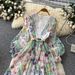 French Style, Sophisticated Floral Print Openwork Dress For Women, Spring/summer, V Neck, Lantern Sleeves, Fitted Waist, Slimming And Elegant Long Dress._ecoleips.com