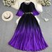 Women's Clothing Temperament Five Quarter Sleeve Round Neck Waist Slimming A Line Large Swing Gradient Color Print Pleated Dress_ecoleips.com