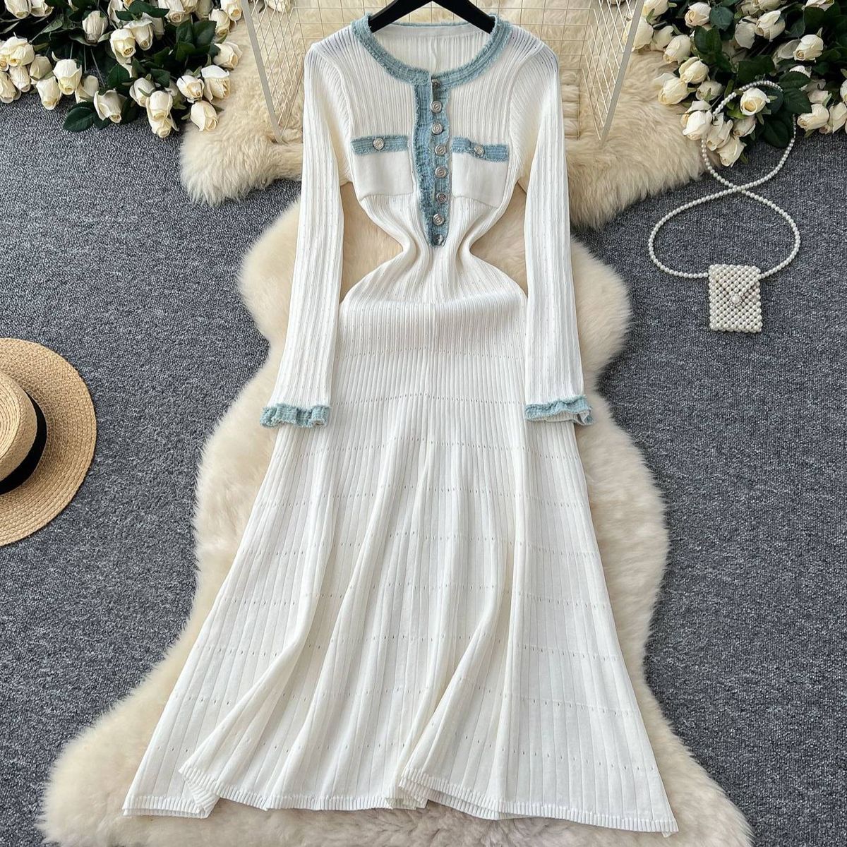 Women's High-End Patchwork Knitted Dress Long Sweater French Style Button Decorated Denim Dress For Autumn Winter_ecoleips.com