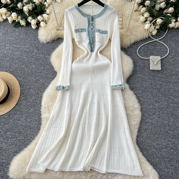 Women's High-End Patchwork Knitted Dress Long Sweater French Style Button Decorated Denim Dress For Autumn Winter_ecoleips.com