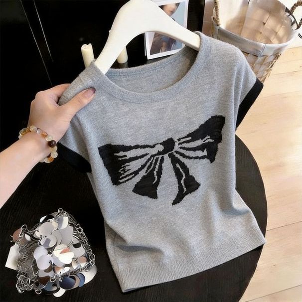 Fashionable Ice Silk Knit Top Thin And Stylish Bow Tie Short Sleeved T Shirt New Summer Style Plus Size Women's Clothing_ecoleips.com