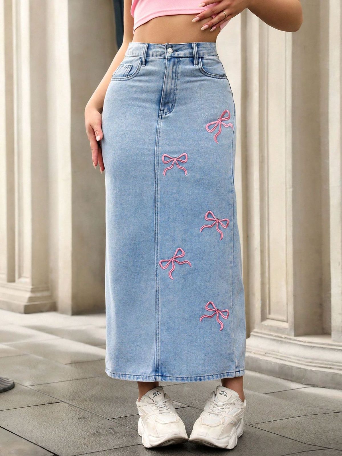 Women's Bow-Tie Pearl Denim Midi Skirt – Stretch-Free A-Line Skirt For Casual & Streetwear | XS-L (Blue)_ecoleips.com
